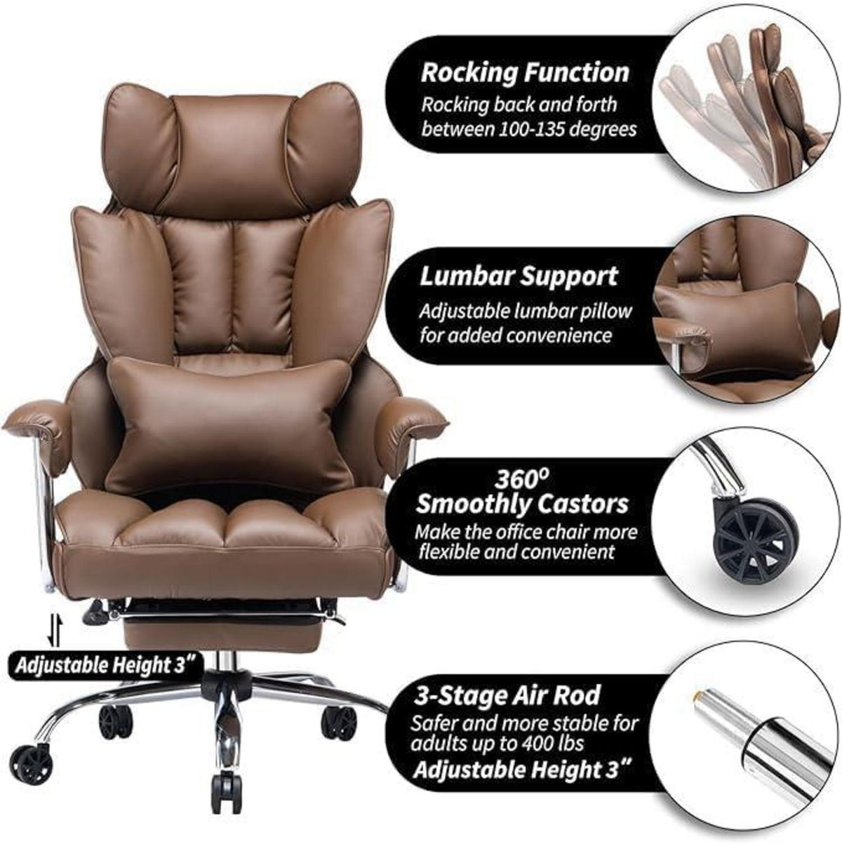 Ergonomischer Bürostuhl 200 kg mit PU Leder Fußstütze & Lendenwirbelstütze