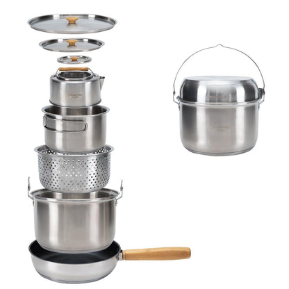 Camping Kochset Edelstahl 4-teilig mit Wasserkessel