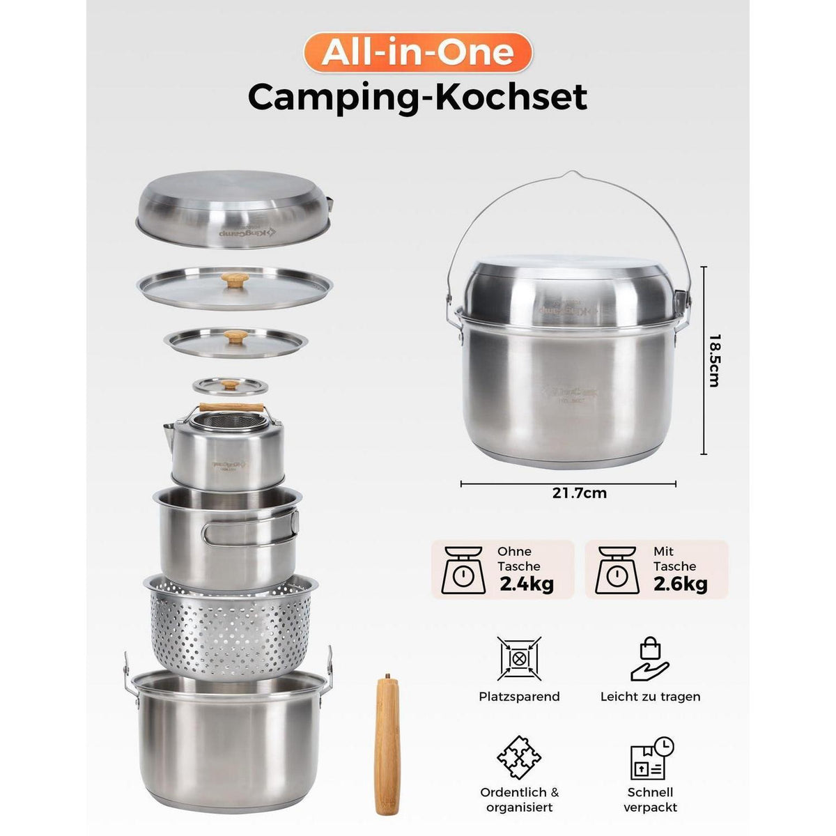 Camping Kochset Edelstahl 4-teilig mit Wasserkessel