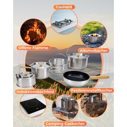 Camping Kochset Edelstahl 4-teilig mit Wasserkessel