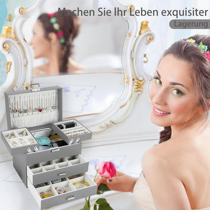 Großes Schmuckkästchen mit 4 Ebenen und 2 Schubladen, Grau