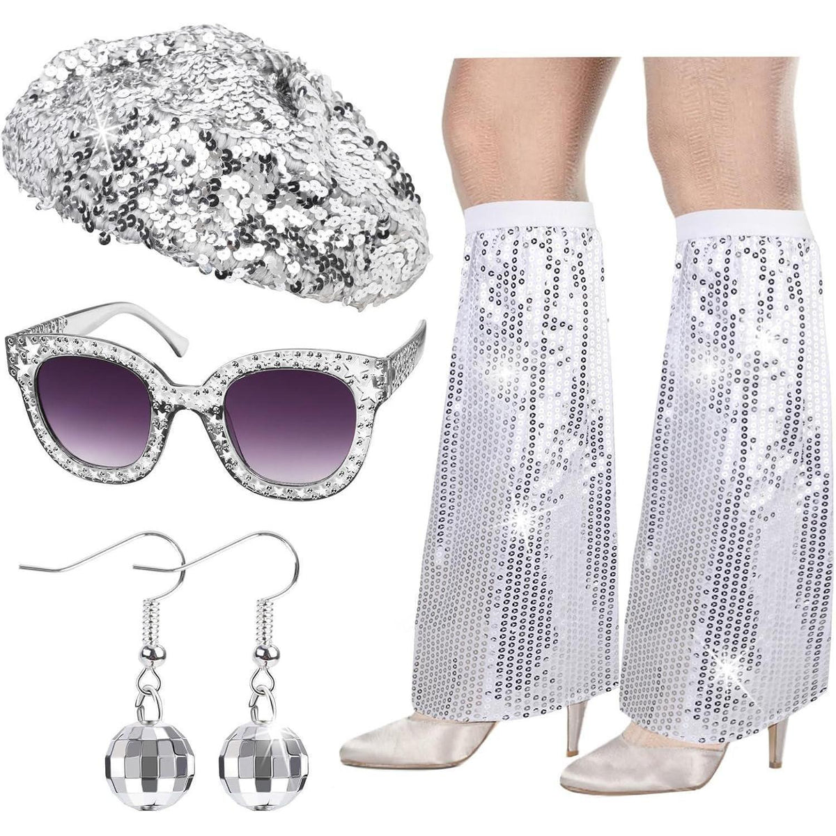 Disco Kostüm Set Damen 70er 80er Jahre Pailletten Stulpen Ohrringe Brille Hut