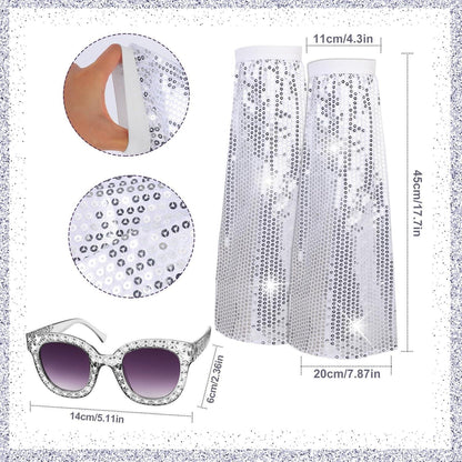 Disco Kostüm Set Damen 70er 80er Jahre Pailletten Stulpen Ohrringe Brille Hut