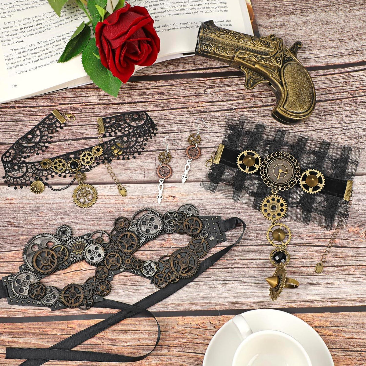 Steampunk Kostüm Set Damen mit Maske & Schmuck