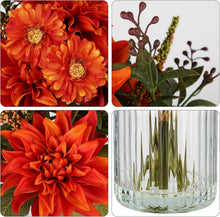 Künstliche Dahlien & Chrysanthemen in Glasvase mit