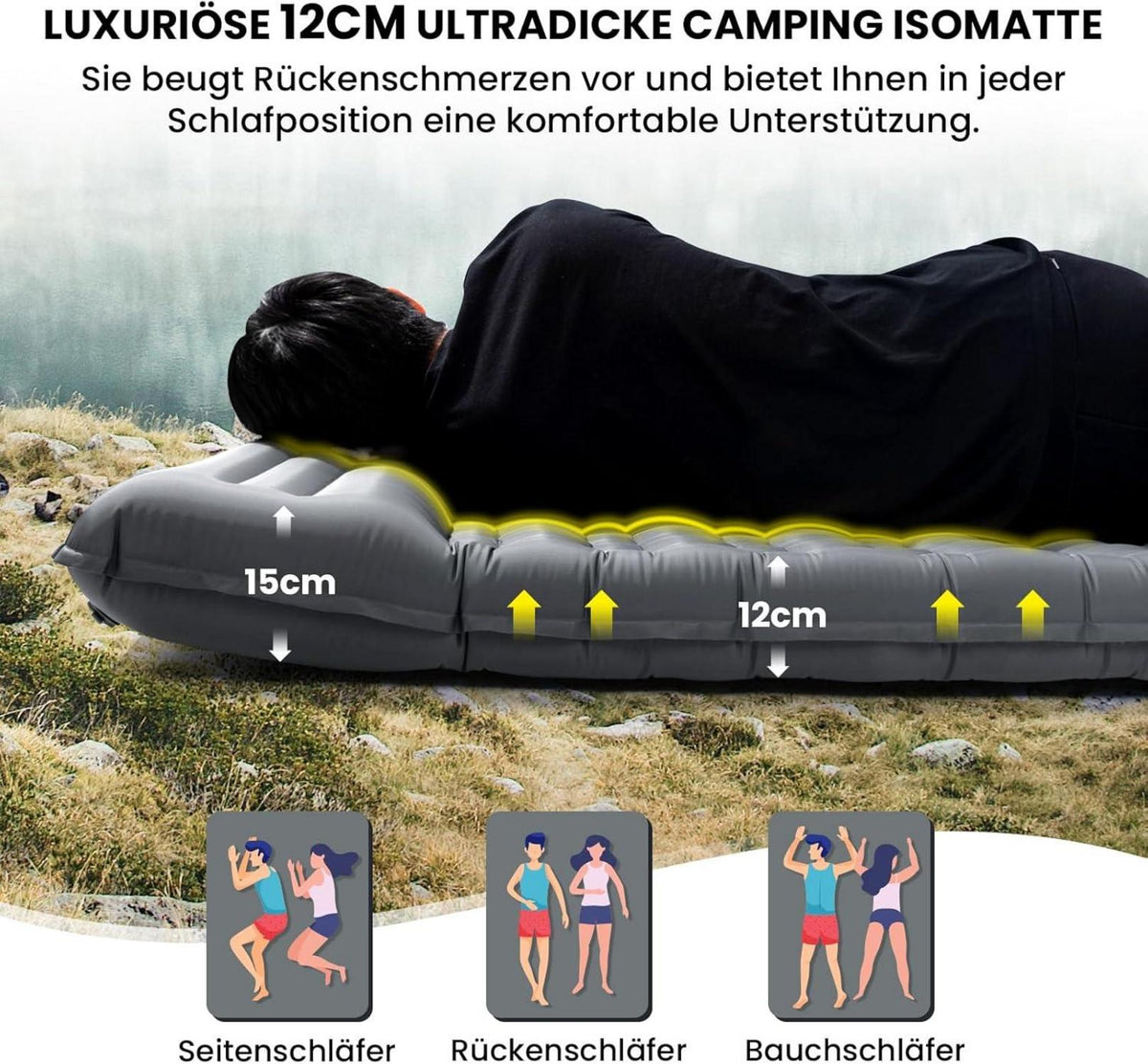Selbstaufblasende Camping-Isomatte für 2 Personen, 12CM, Ultraleicht, Grau