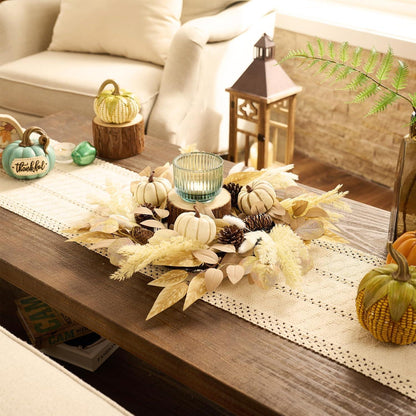 Herbstkranz Deko mit Kürbis und Pampasgras 45cm Beige