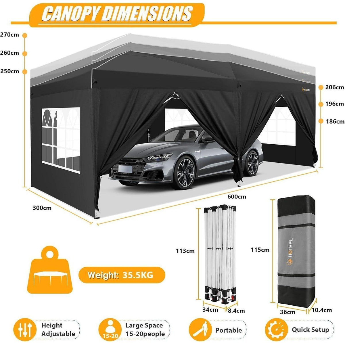 3x6m Faltpavillon mit Seitenwänden – Wasserdicht & Stabil für Garten & Events