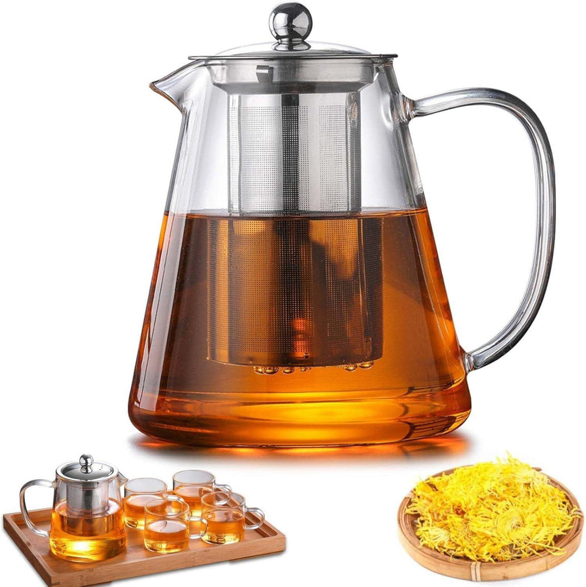 Teekanne Glas 1300ML Borosilikat-Siebeinsatz Deckel Hitzebeständig