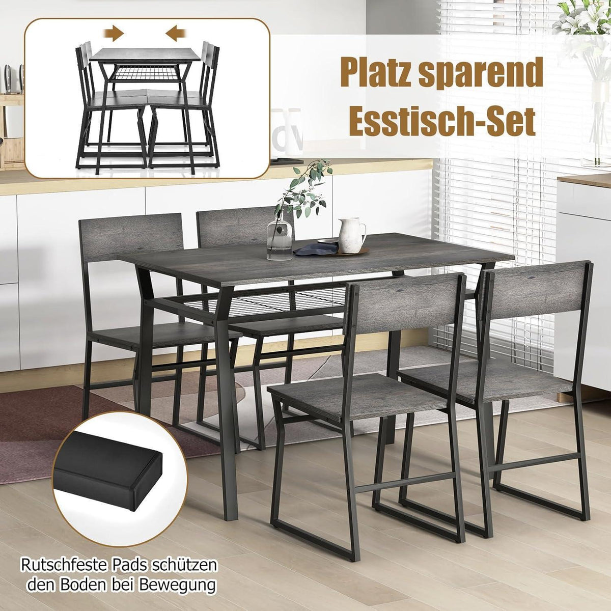 5-teiliges Esstisch-Set mit Stühlen | Industriedesign & Stauraum