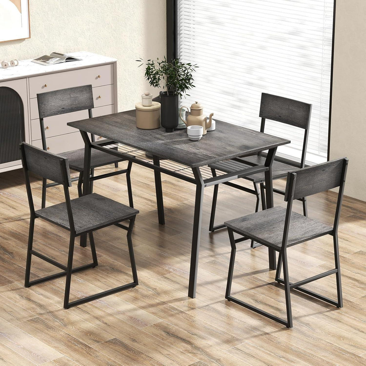 5-teiliges Esstisch-Set mit Stühlen | Industriedesign & Stauraum