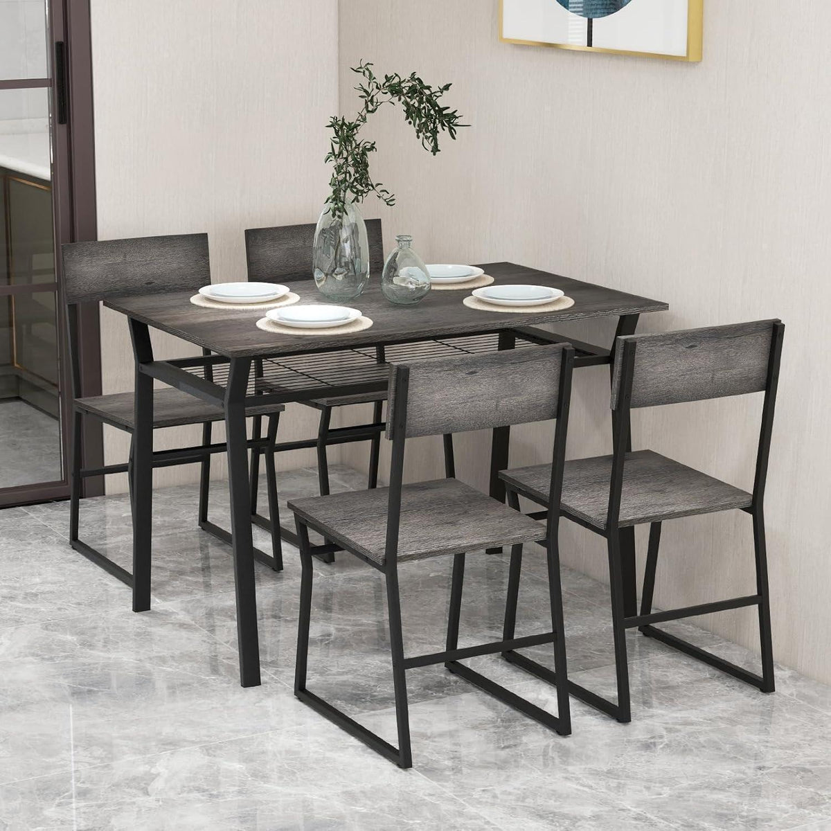 5-teiliges Esstisch-Set mit Stühlen | Industriedesign & Stauraum