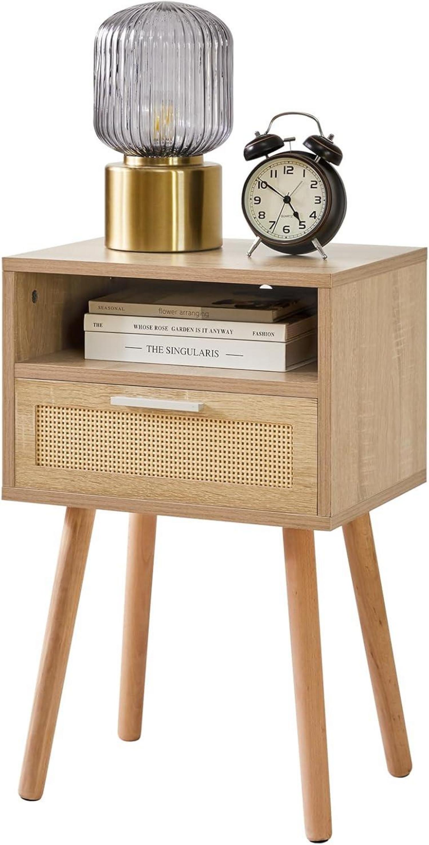 Rattan Nachttisch mit Schublade und Regal, Holz Akzent, Beistelltisch