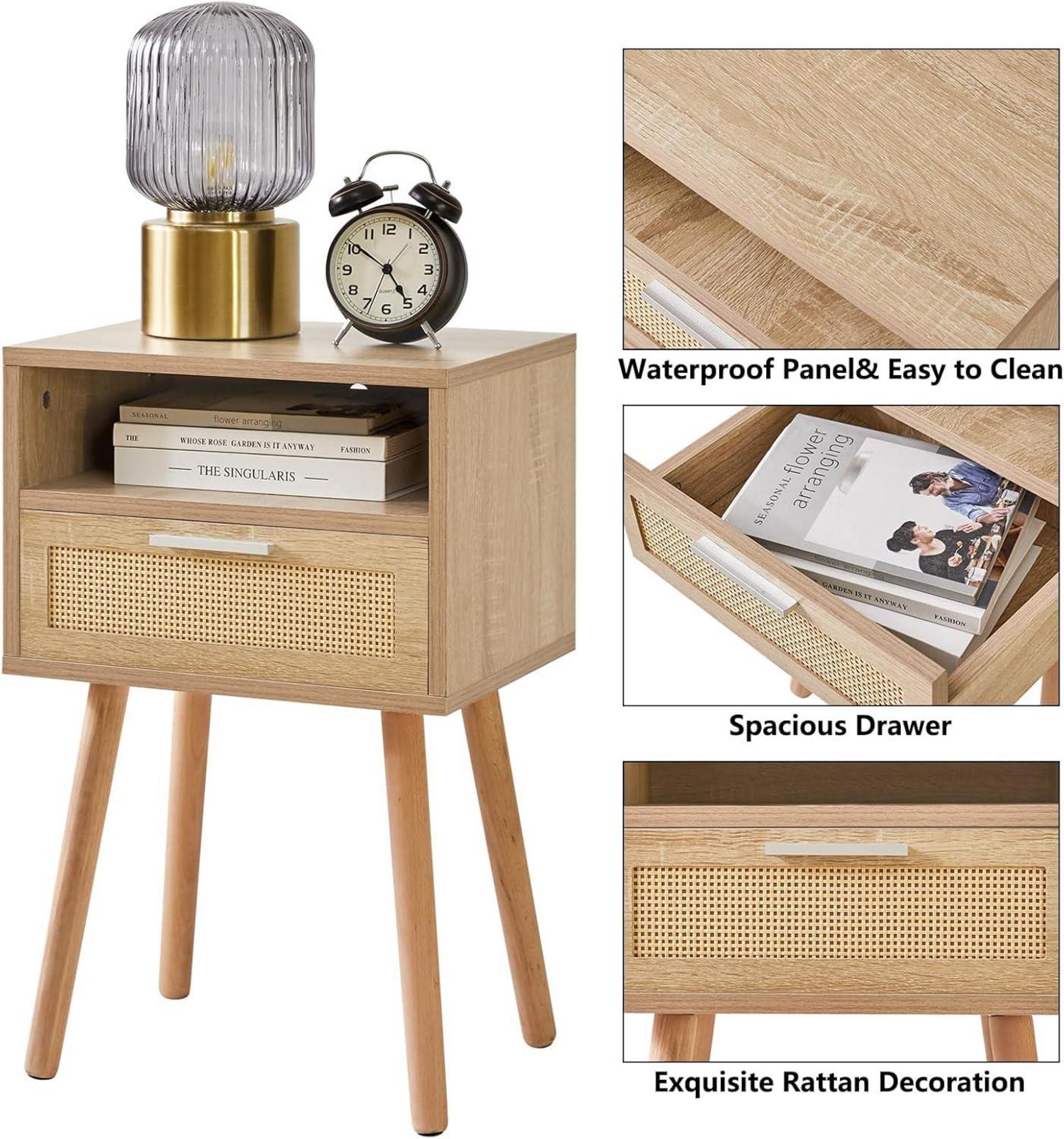Rattan Nachttisch Boho Beistelltisch Holz Akzent Schlafzimmer