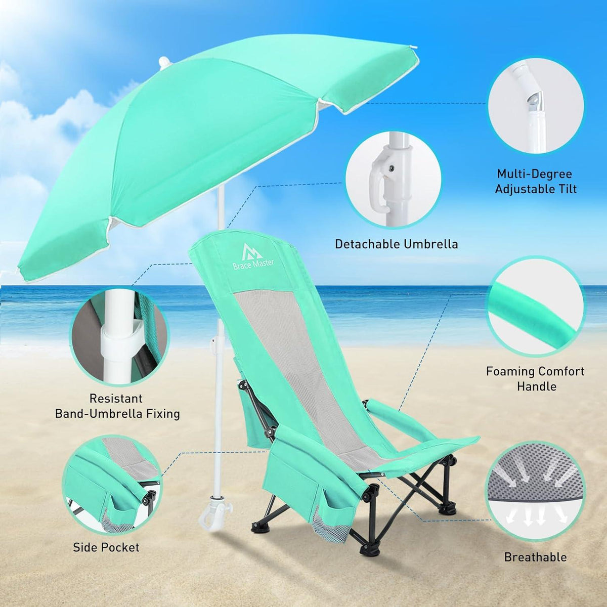 Brace Master 2er Pack Strandstühle mit Sonnenschirmen und Kühltasche, faltbar, hohe Rückenlehne