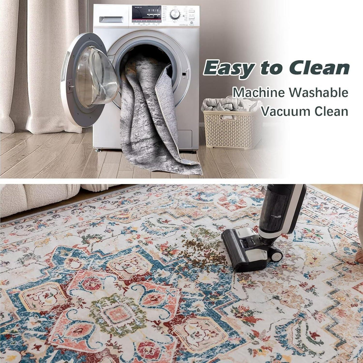 Waschbarer Vintage Teppich 80x150cm – Kurzflor Wohnzimmer Teppich