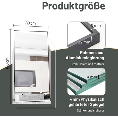 Standspiegel Schwarz 180x80cm | Ganzkörper Spiegel mit Metallrahmen