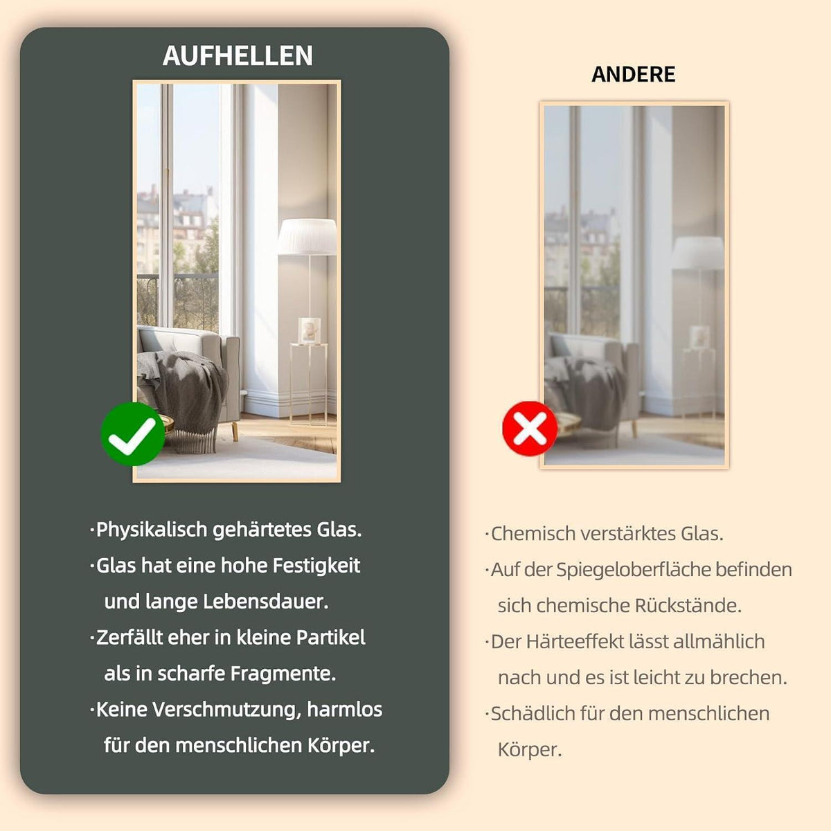 Ganzkörperspiegel Standspiegel Gold 180x80cm | Lehnend & Wandmontage