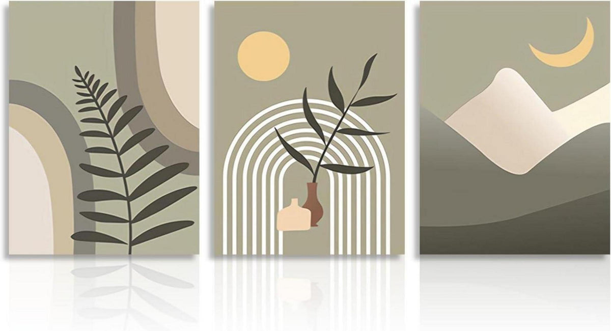 Abstrakte Boho Wandbilder Sonne Mond Grün 30x40 cm 3er Set