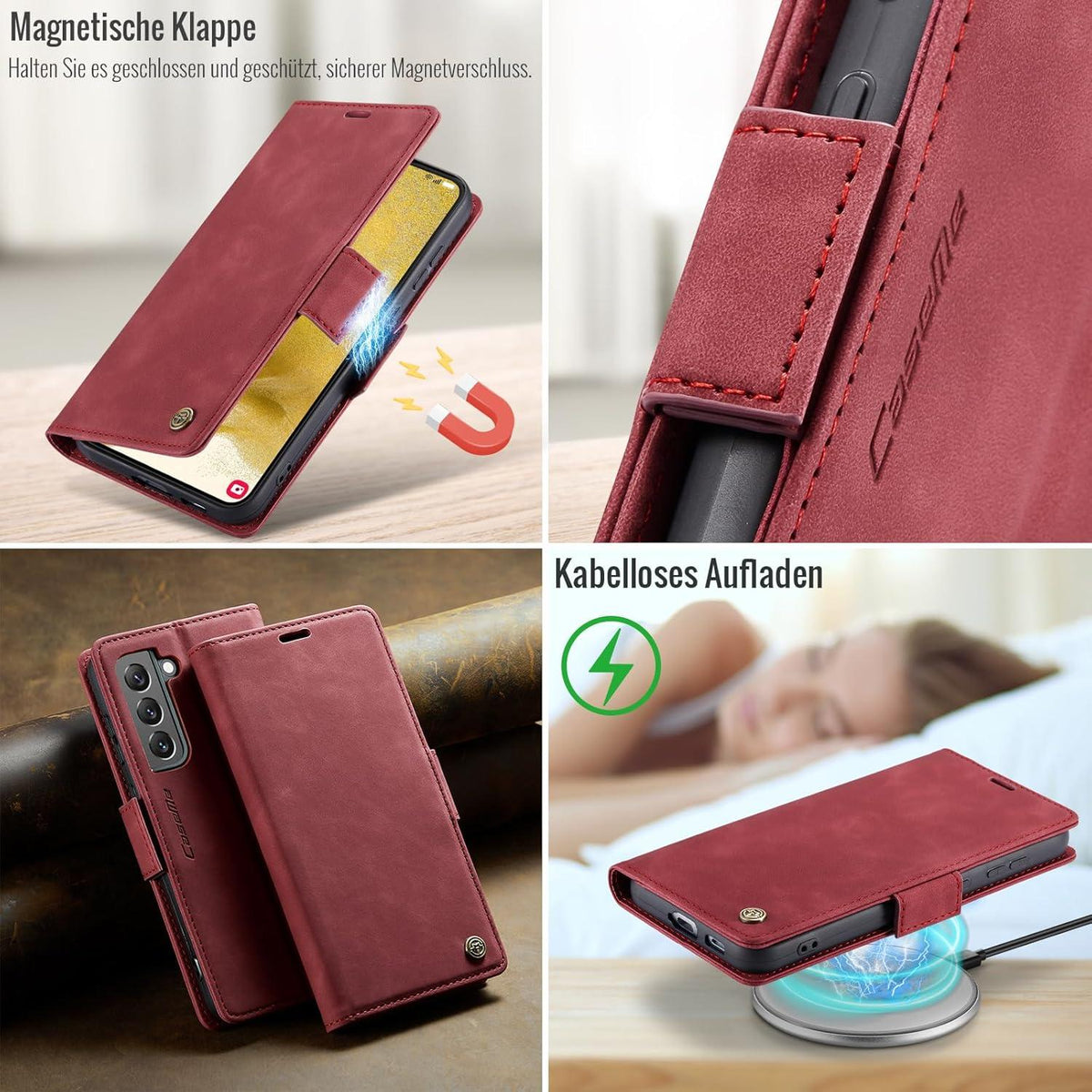 Samsung S22 5G Handyhülle Premium PU Lederhülle RFID Schutz 3 Kartenfächer Rot