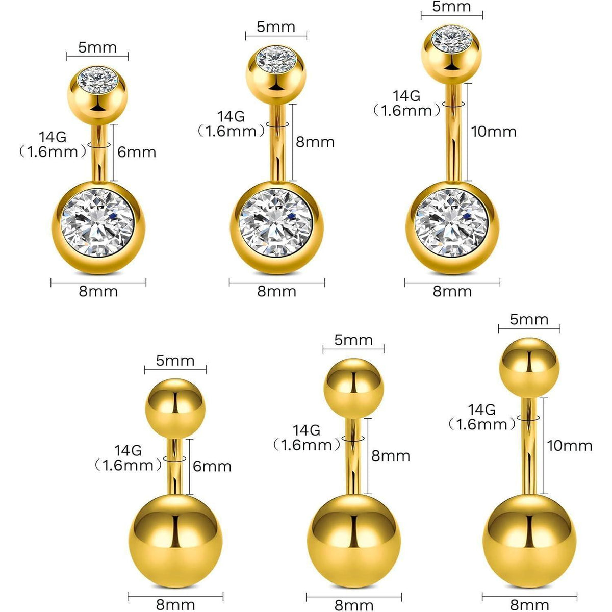 Piercing Set 99 Teile mit Nadeln & Schmuck, 14G-20G, Gold 8mm