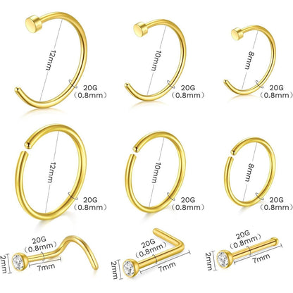 Piercing Set 99 Teile mit Nadeln & Schmuck, 14G-20G, Gold 8mm