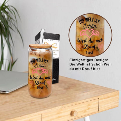 500ml Glas Trinkbecher mit Deckel und Strohhalm für
