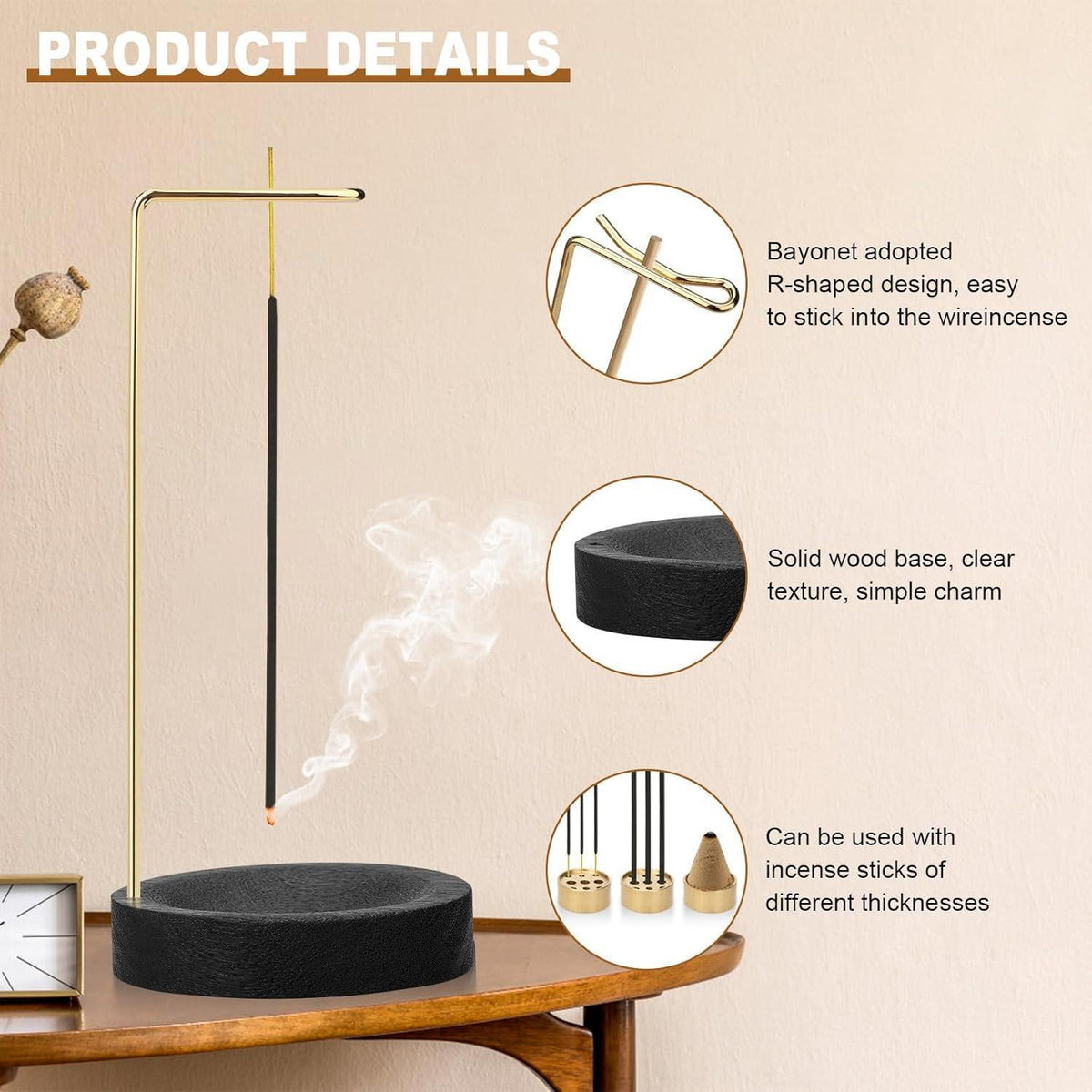 2-in-1 Räucherstäbchenhalter Holz, Modernes Design mit Kegel & 9 Löchern, Schwarz