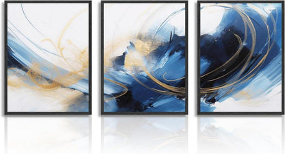 Abstrakte Blau Schwarz Gold Wandbilder Leinwand Deko Set 30x40 cm 3er