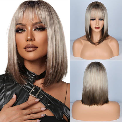 Ombre Blonde Bob Perücke mit Pony – Schulterlang & Natürlich