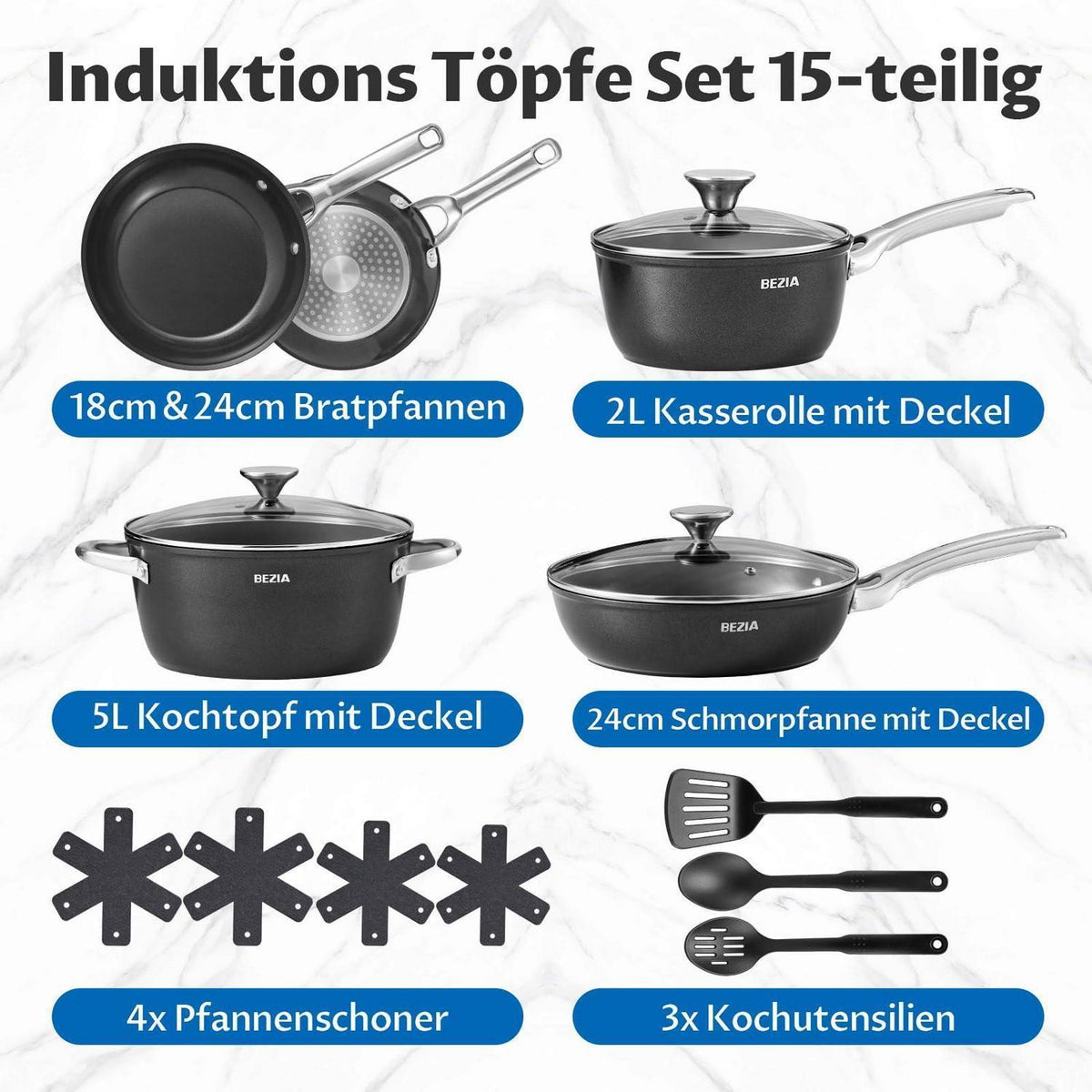 15-tlg. Induktions Töpfe Set mit Keramik-Antihaftbeschichtung