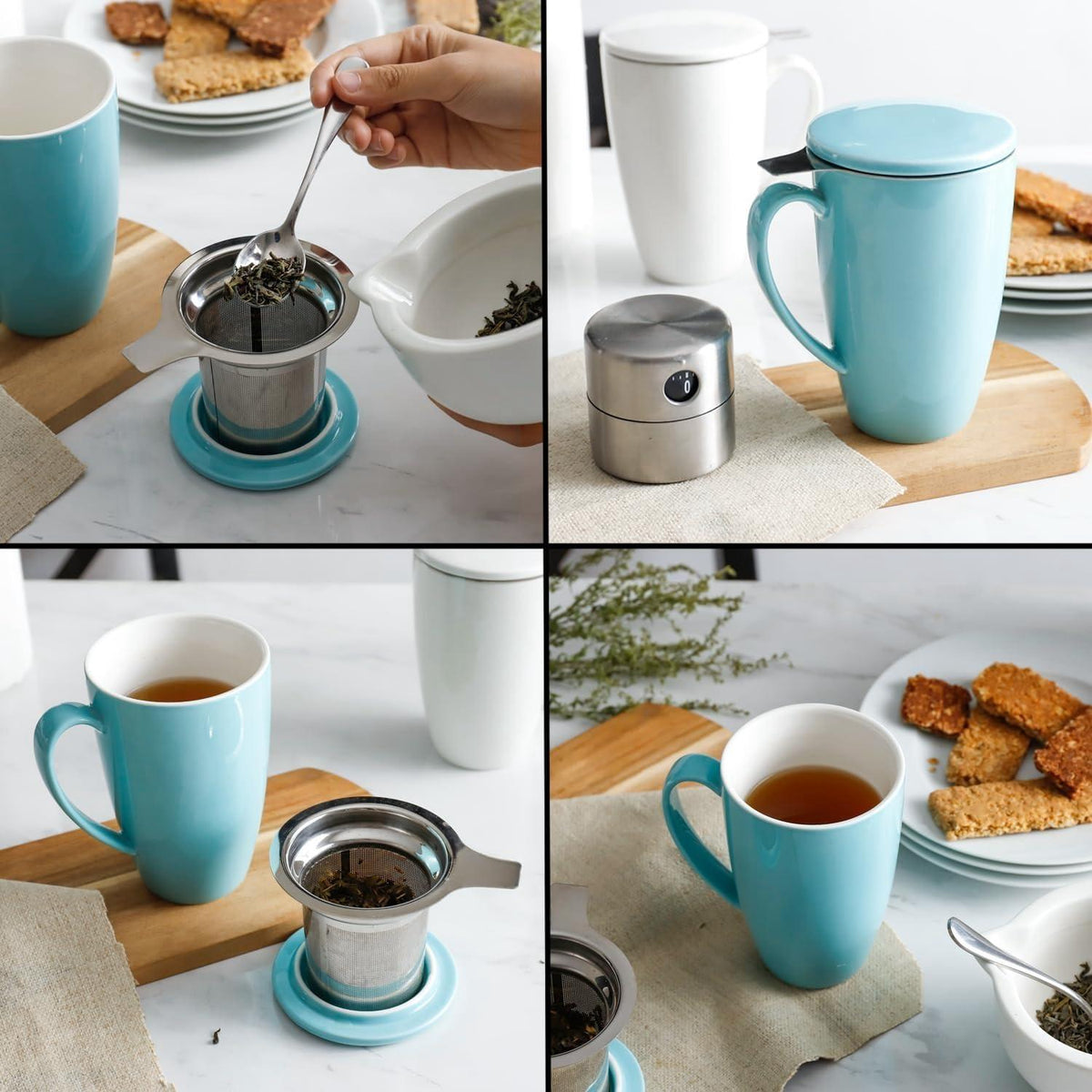 Porzellan Teetasse mit Deckel und Sieb, 450ml, Türkis