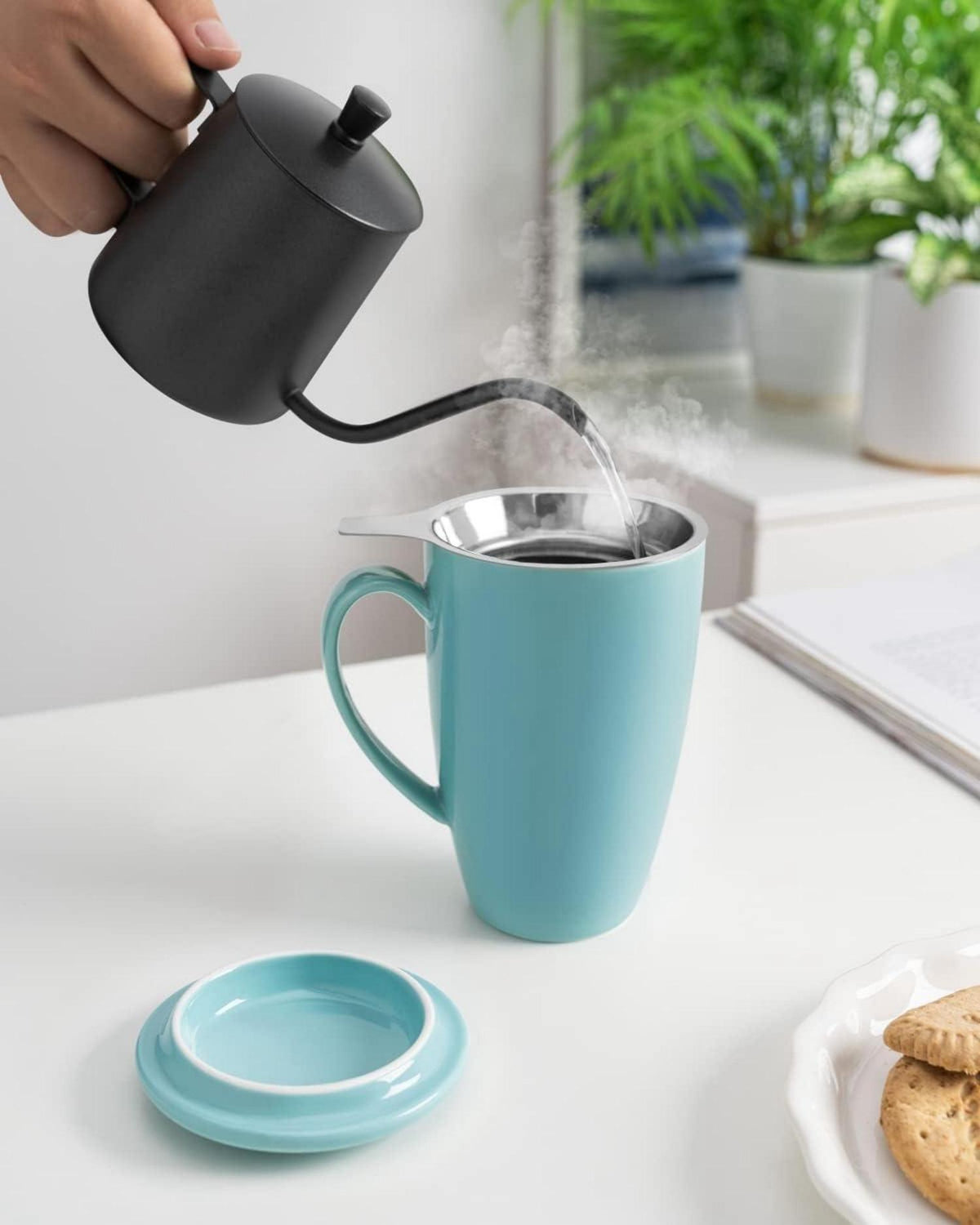 Porzellan Teetasse 450ml Deckel Sieb Tee Kaffee Milch Büro Zuhause_Türkis