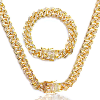 Kubanische Gliederkette 12mm Silber Gold mit Strass, 50-60cm