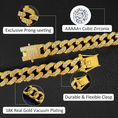 Kubanische Gliederkette 12mm Silber Gold mit Strass, 50-60cm