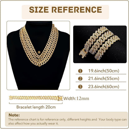 Kubanische Gliederkette 12mm Silber Gold mit Strass, 50-60cm