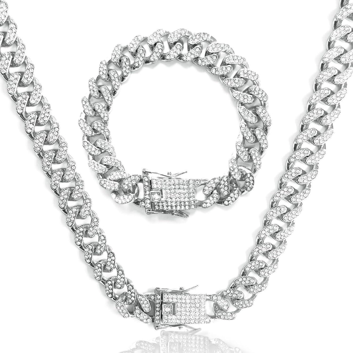 Kubanische Gliederkette 12mm Silber mit Strass, 50-60cm
