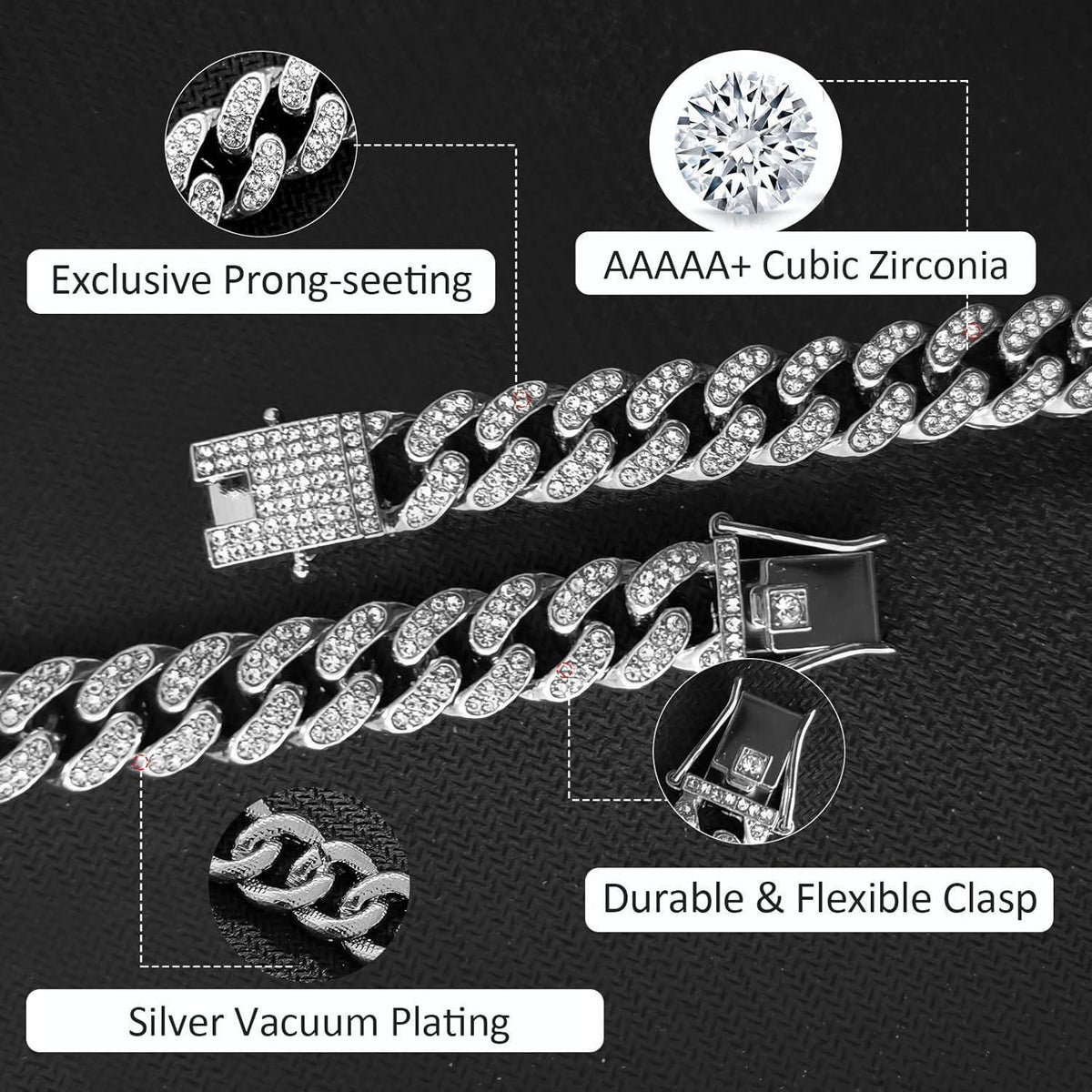 Kubanische Gliederkette 12mm Silber mit Strass, 50-60cm