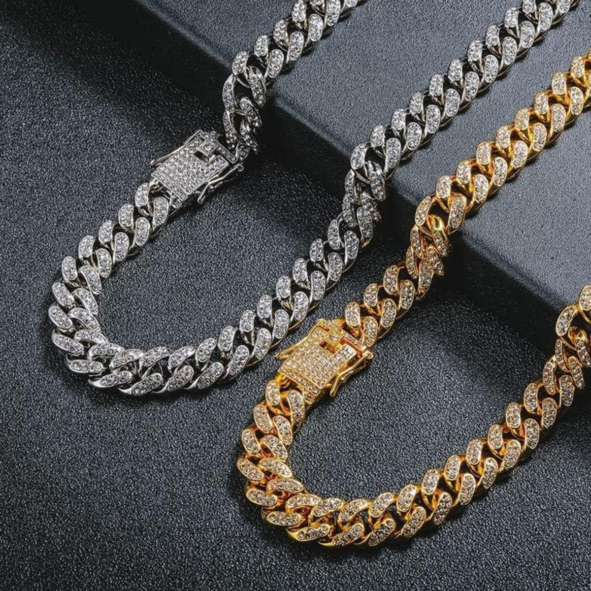 Kubanische Gliederkette 12mm Silber mit Strass, 50-60cm