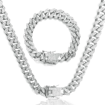 12mm Kubanische Gliederkette Silber mit Strass, 50-60cm
