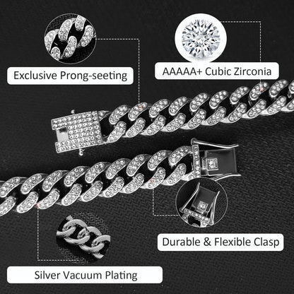 12mm Kubanische Gliederkette Silber mit Strass, 50-60cm