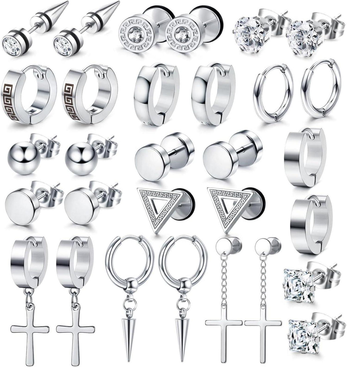 15er Set Schwarze & Silberne Zirkonia Ohrstecker für Herren