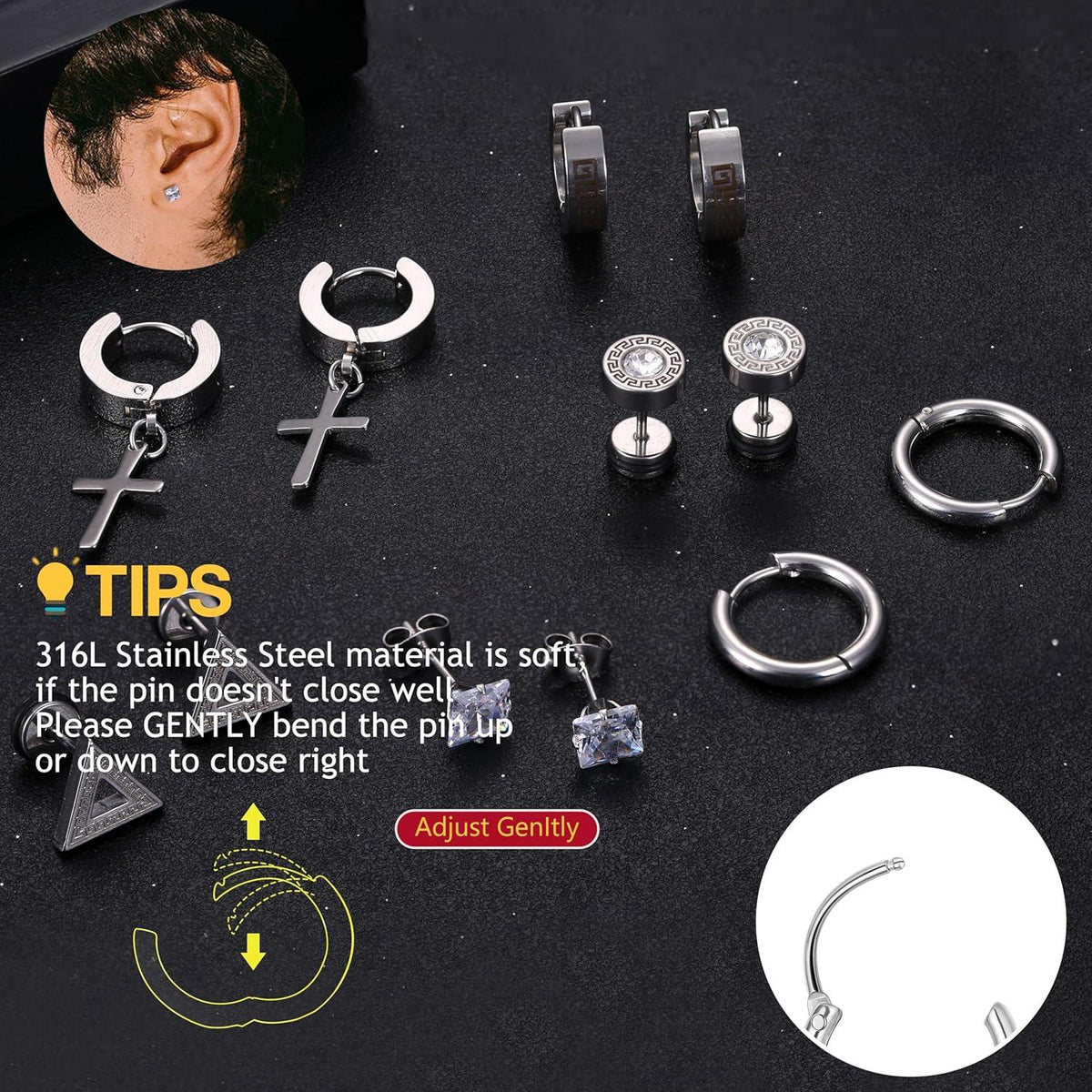 Herren Edelstahl Ohrringe Set Zirkonia Creolen Ohrstecker Schwarz/Silber