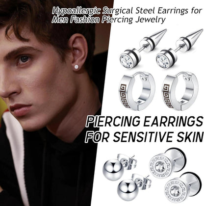 15er Set Herren Ohrringe Edelstahl Zirkonia Creolen Schwarz Silber