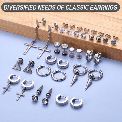 15er Set Herren Ohrringe Edelstahl Zirkonia Creolen Schwarz Silber