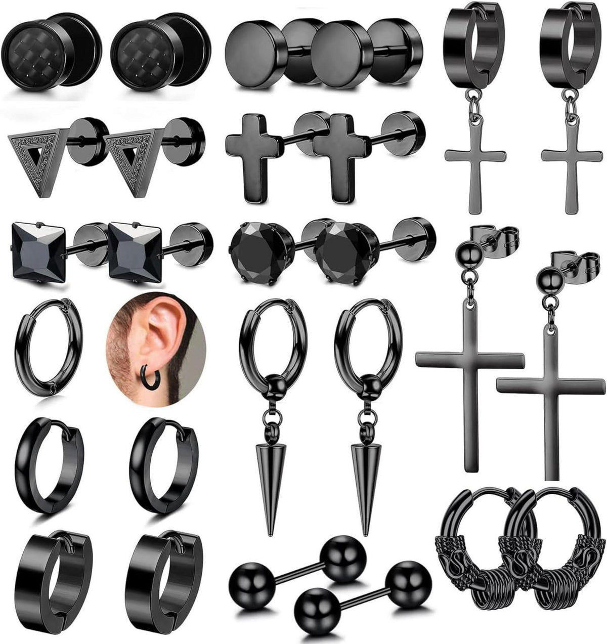15-teiliges Herren Ohrringe Set Edelstahl Zirkonia Schwarz Silber