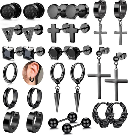 15-teiliges Herren Ohrringe Set Edelstahl Zirkonia Schwarz Silber