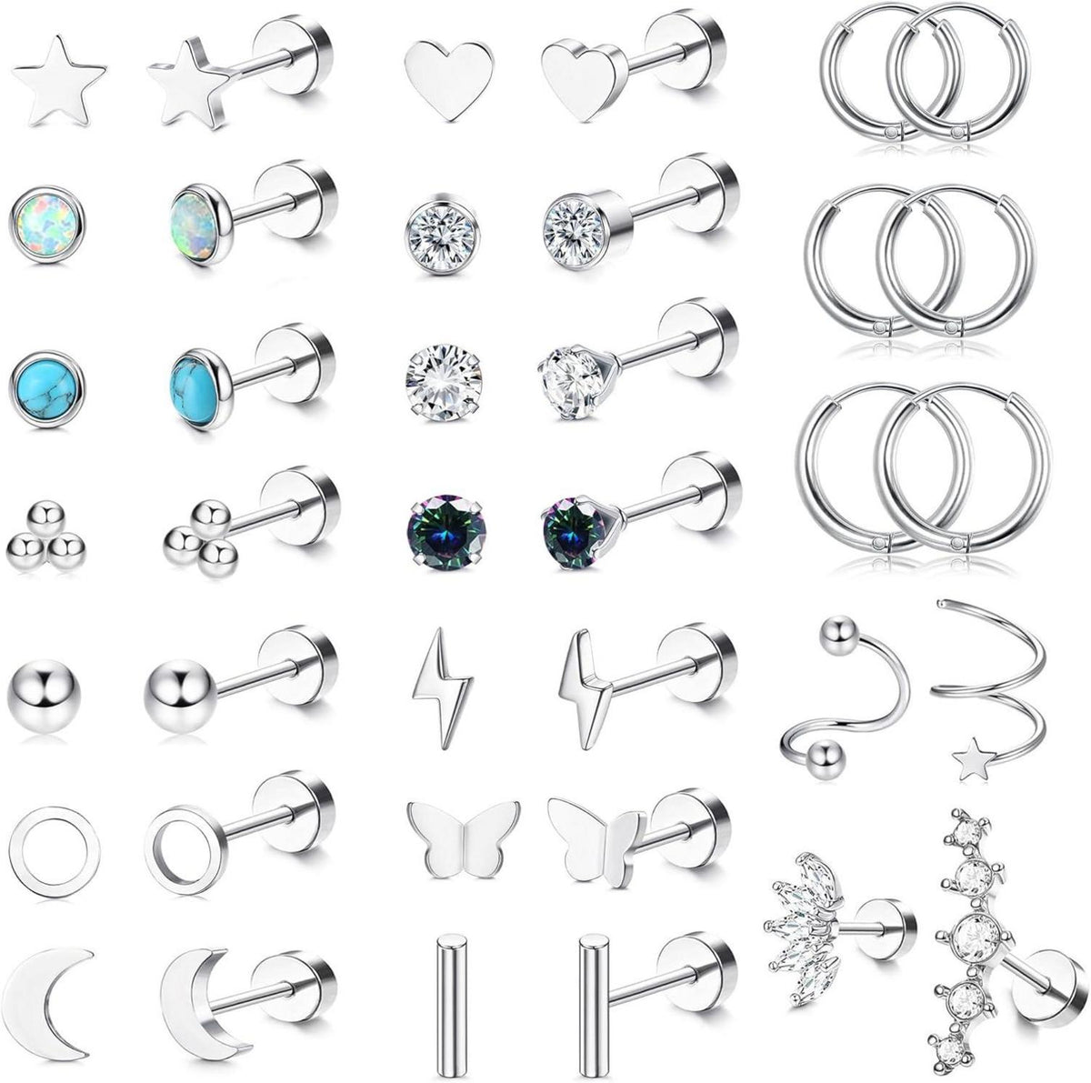 19 Paar Ohrringe Chirurgenstahl Damen Set Hypoallergen CZ Stern Mond