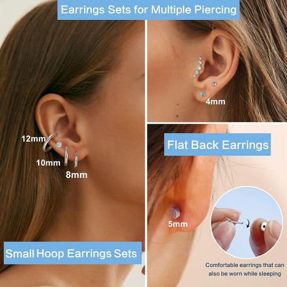 Chirurgenstahl Ohrringe Set 19 Paar Damen Helix Piercings Hypoallergen CZ Silber