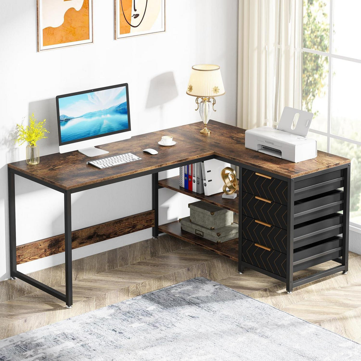 L-förmiger Schreibtisch mit Schubladen – Eckschreibtisch für Büro & Home Office